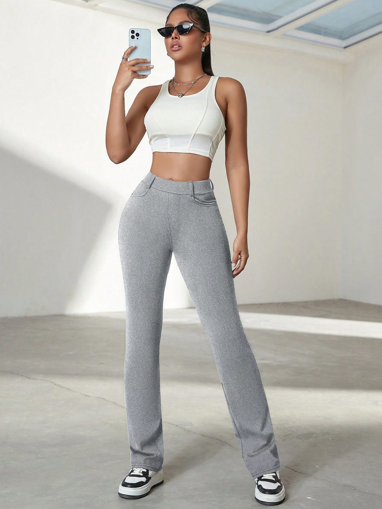 Women's Gray High-Waisted Flare Yoga Pants with Bootcut Leg