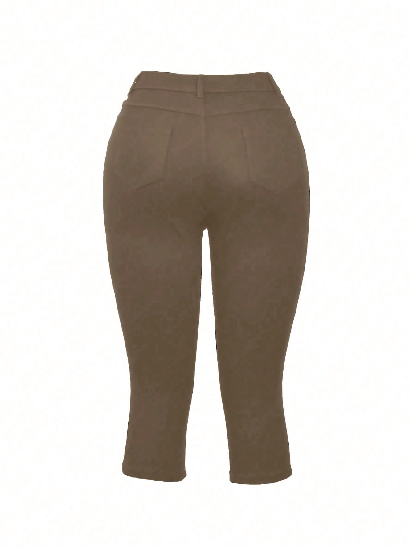 Women's Khaki Polyester Full-length pants with wide-leg
