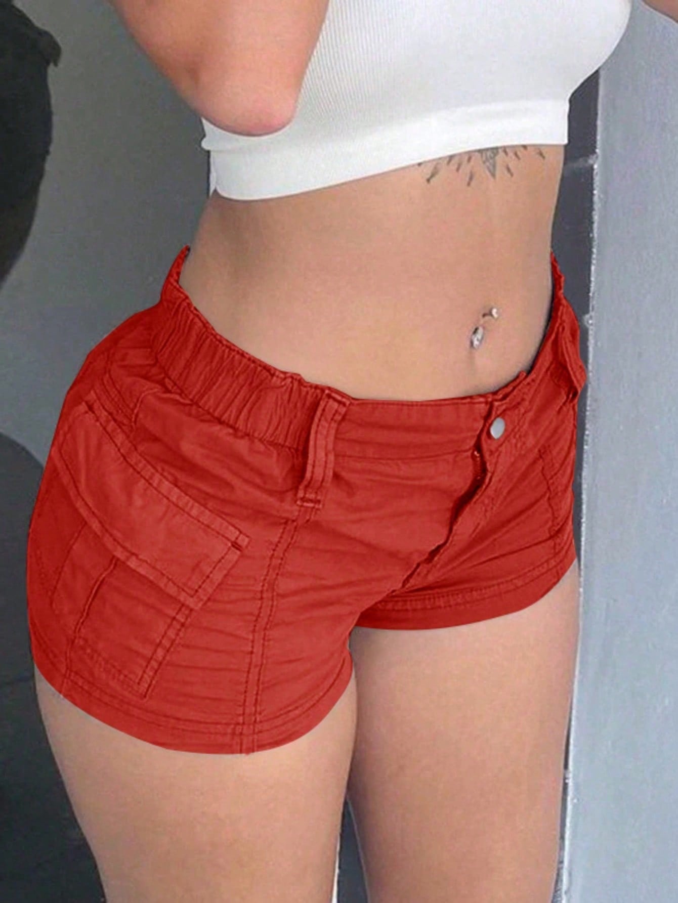 Women's Red High-Waisted Cargo Shorts - Flap Pocket Low-Rise Mini Shorts, Y2K Streetwear & Casual Wear