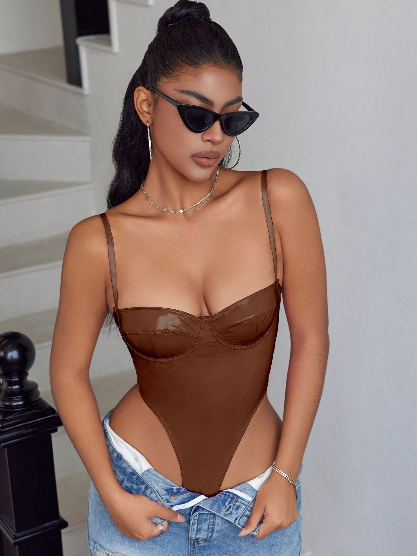 Women's Coffee Cotton Blend Metallic Corset Cami with Sweetheart Neckline