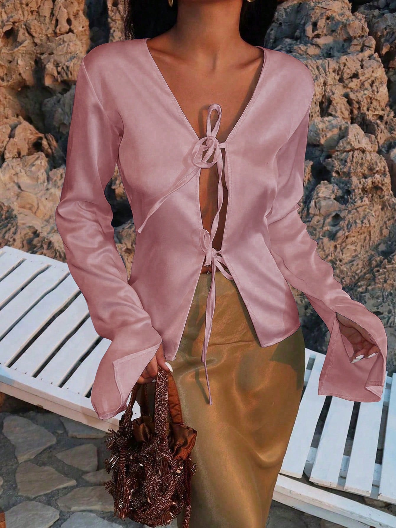 Women Satin Lace Up Deep V Neck Long Sleeve Slim Fit Blouse