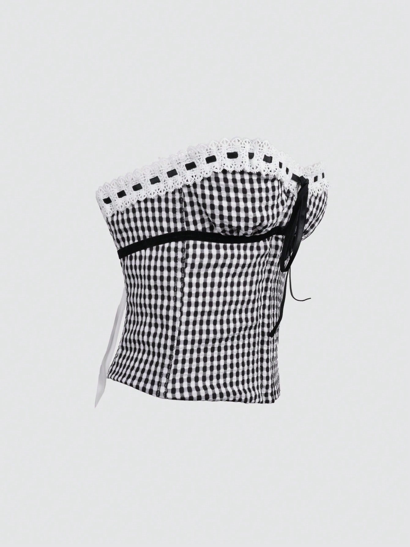 Women's Classic Black and White Gingham Corset Top with Lace Trim