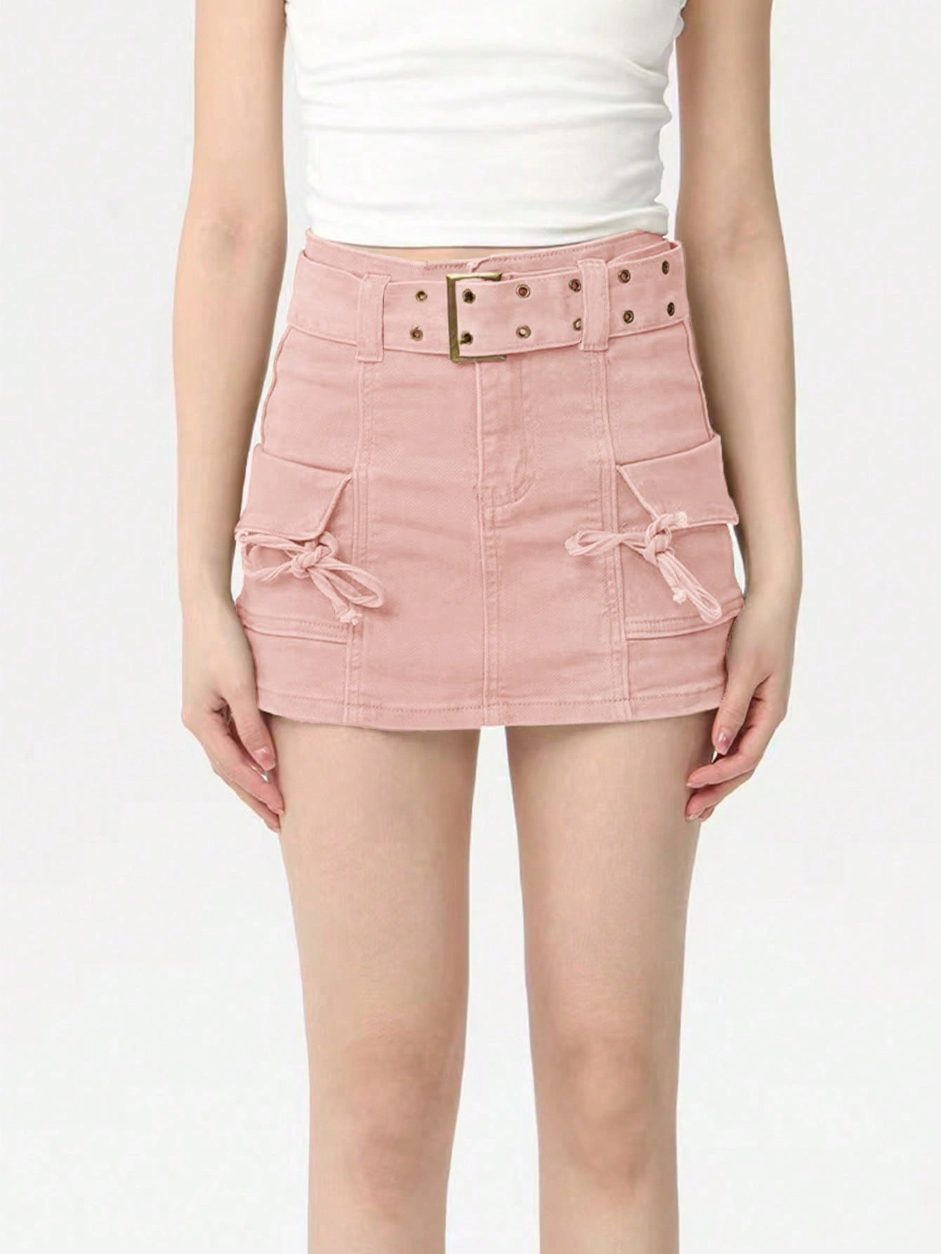 Women's Pink High Waist Cargo Denim Mini Skirt with Belt