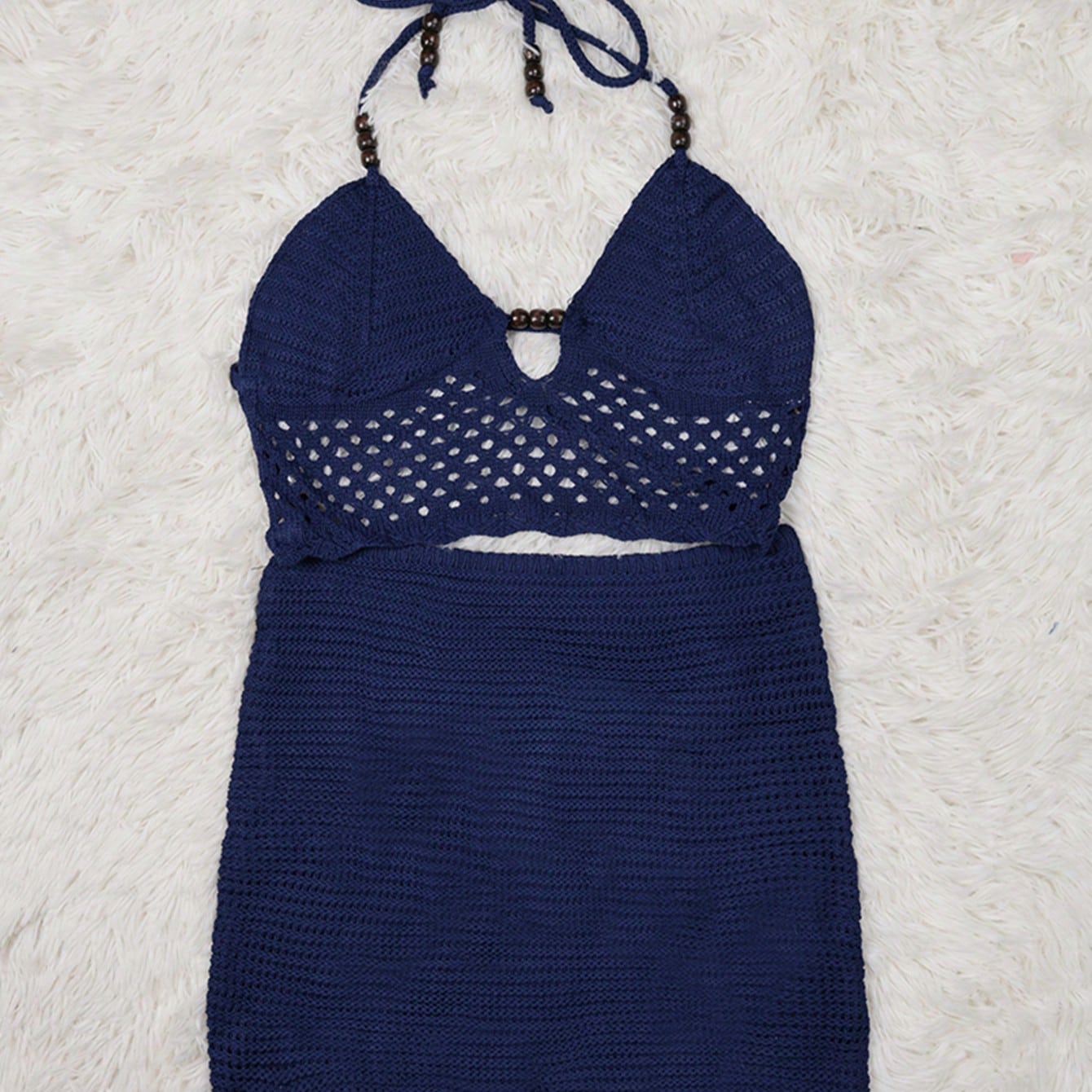 Women's Navy Blue Crochet Knit Halter Top and Mini Skirt Set with Bead Details