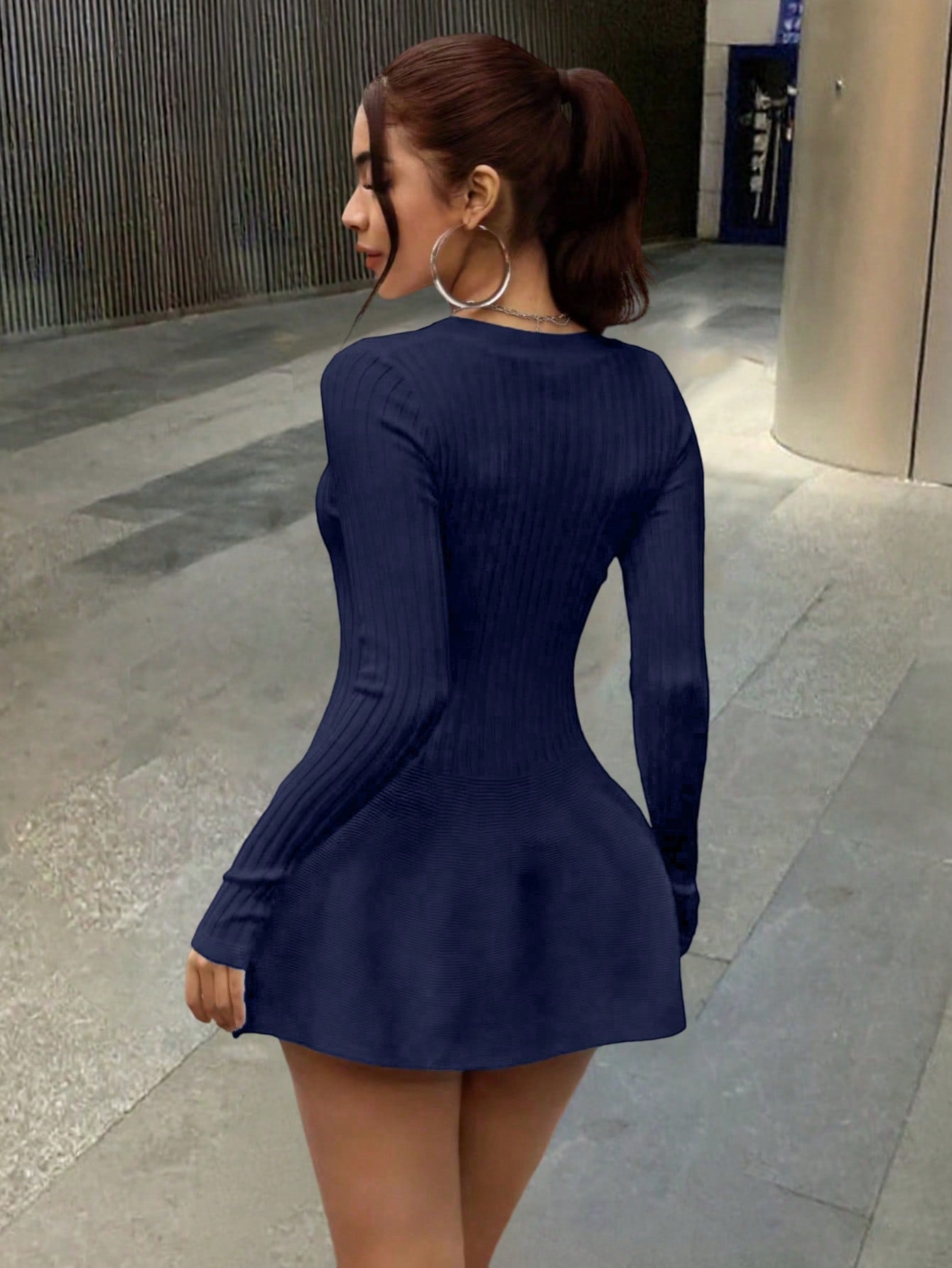 Women's Blue Ribbed Knit Midi bodycon dress with sleeveless