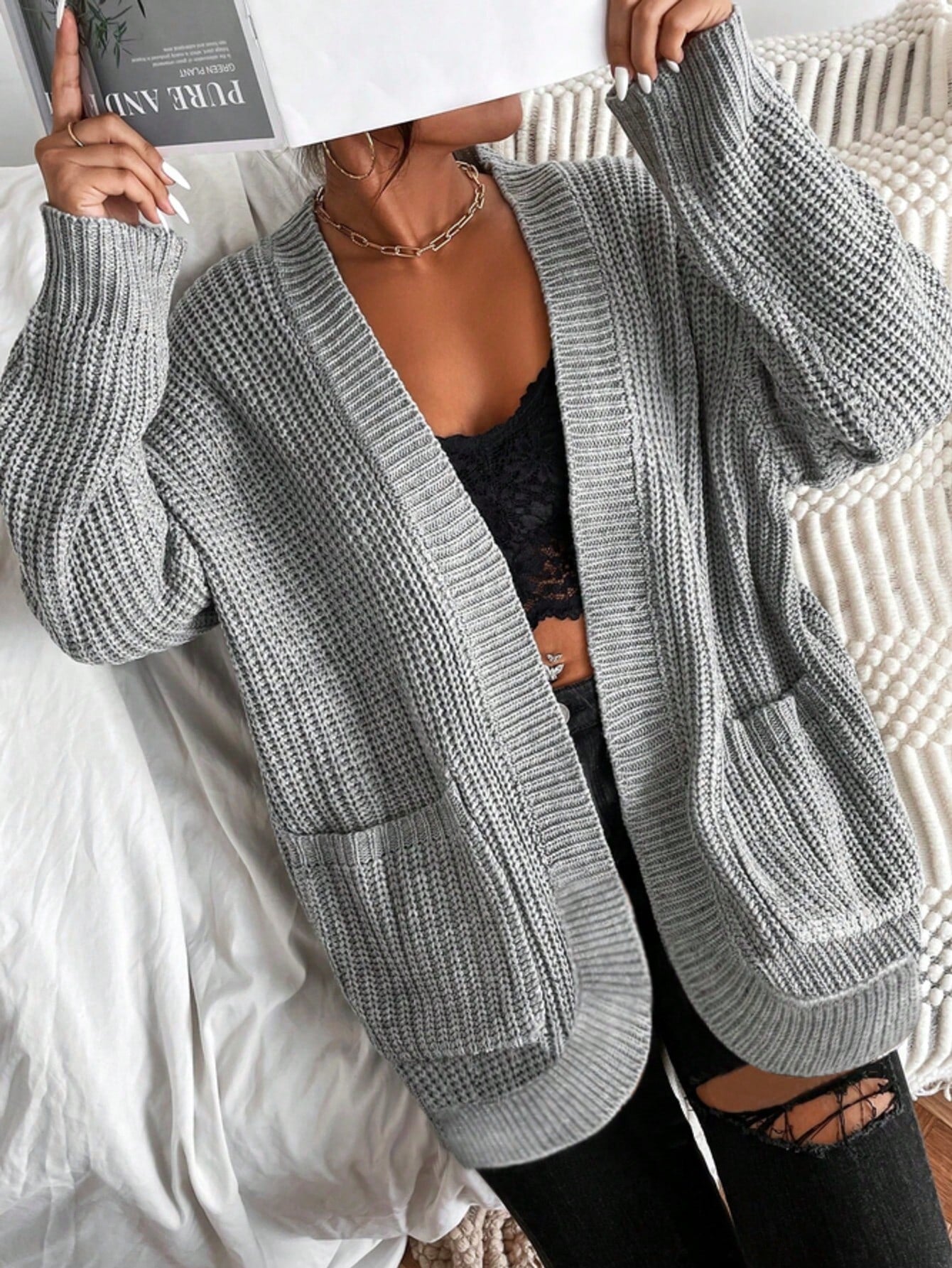 Women's Grey Chunky Knit Cardigan, Oversized Open-Front Sweater Cardigan with Patch Pockets