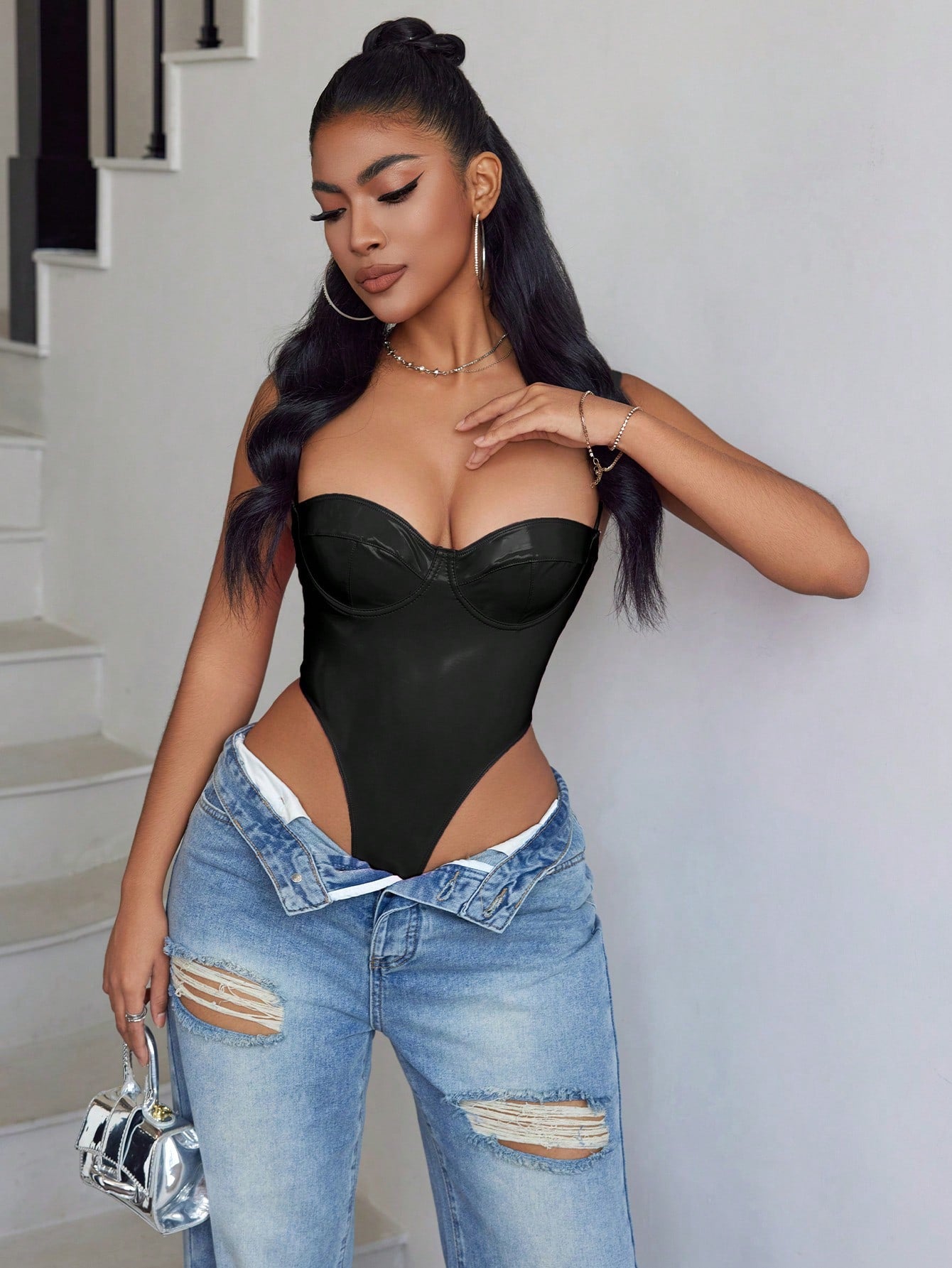 Women's Black Underwire Spaghetti Strap Bustier Bodysuit