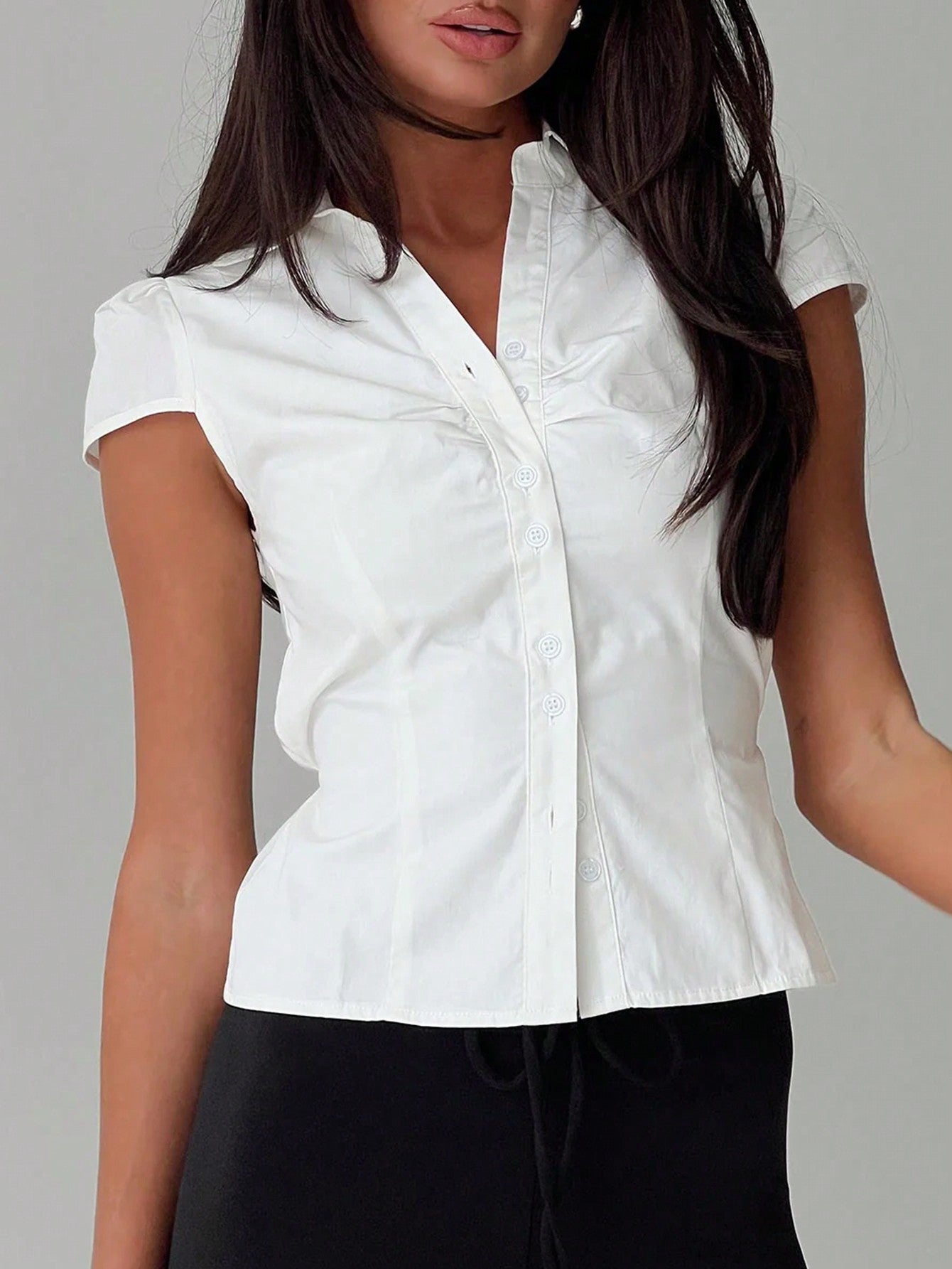 Women's White Ruched Puff Sleeve Blouse with Button Front