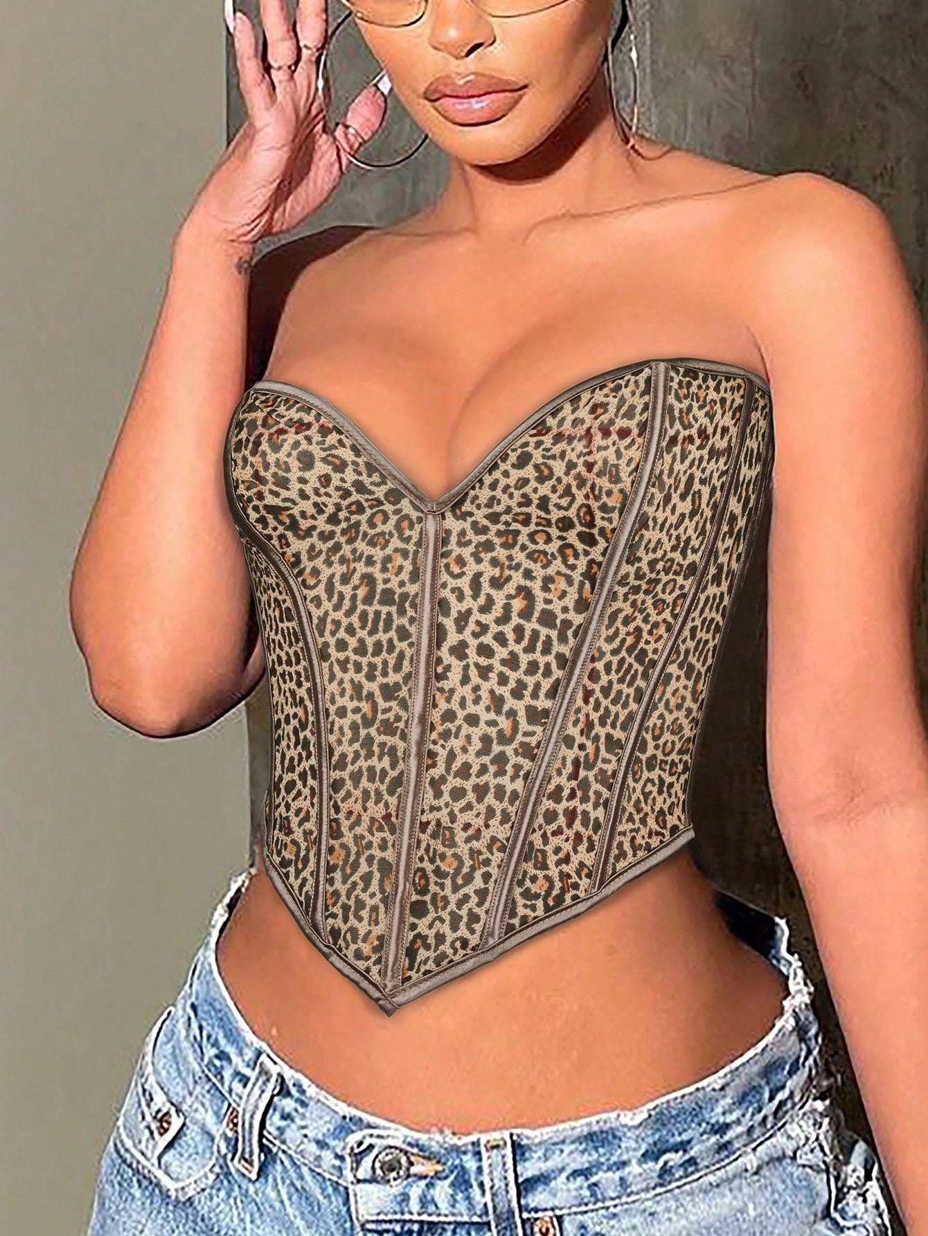 Women's Sexy Sweetheart Neckline Leopard Print Corset Top Slim Fit Sleeveless Party