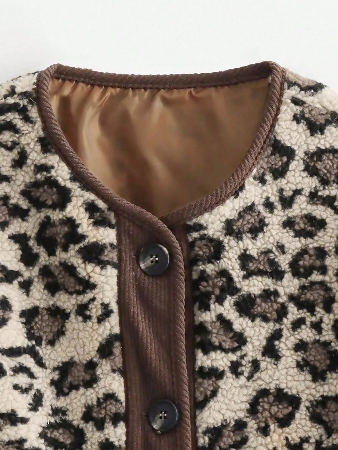 Women's Leopard Print Faux Fur Coat, Oversized Vintage-Inspired Casual Coat with Contrast Trim