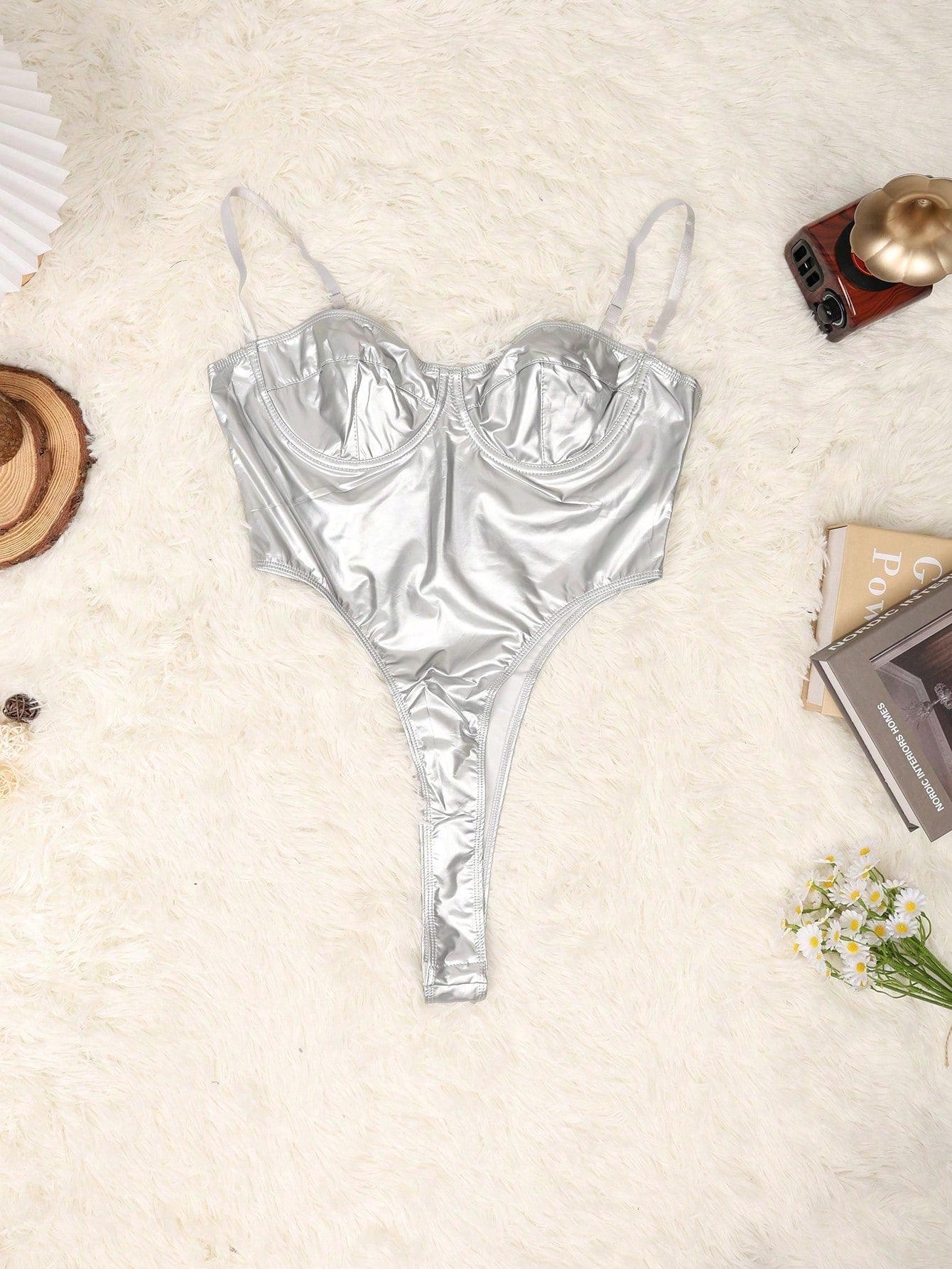 Women's Silver Cotton Blend Metallic Corset Top with Spaghetti Straps