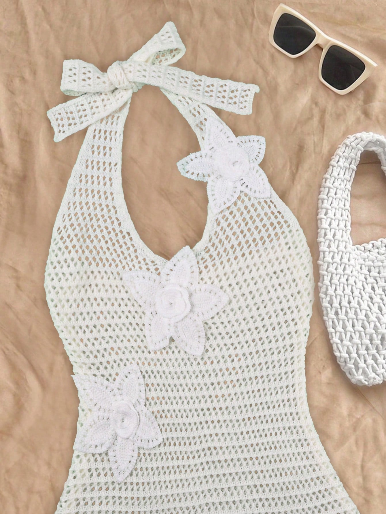 Women's Floral Applique Halter Mini Dress Crochet Hollow Out Summer