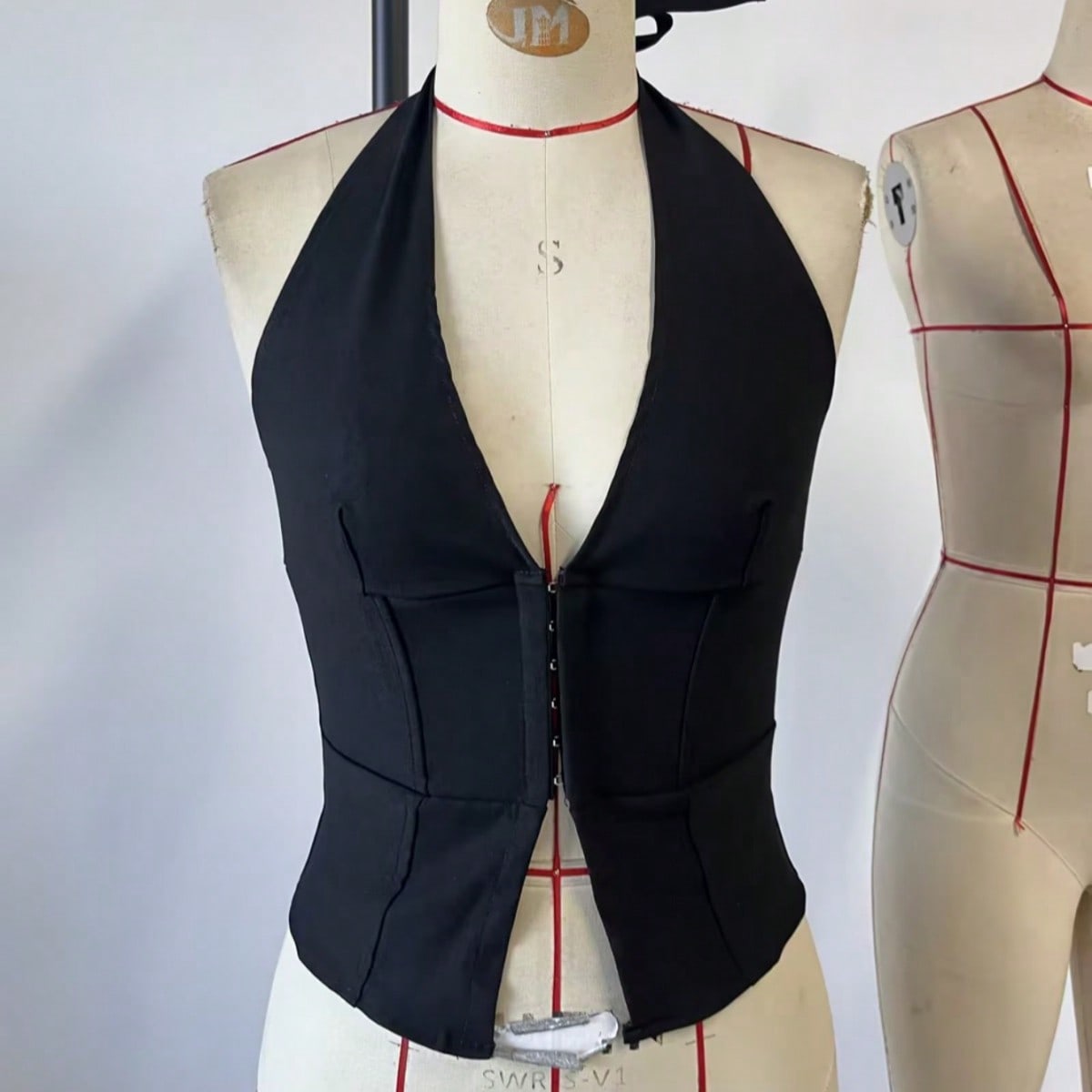 Women's Black Halter Neck Hook-Front Paneled Corset Top