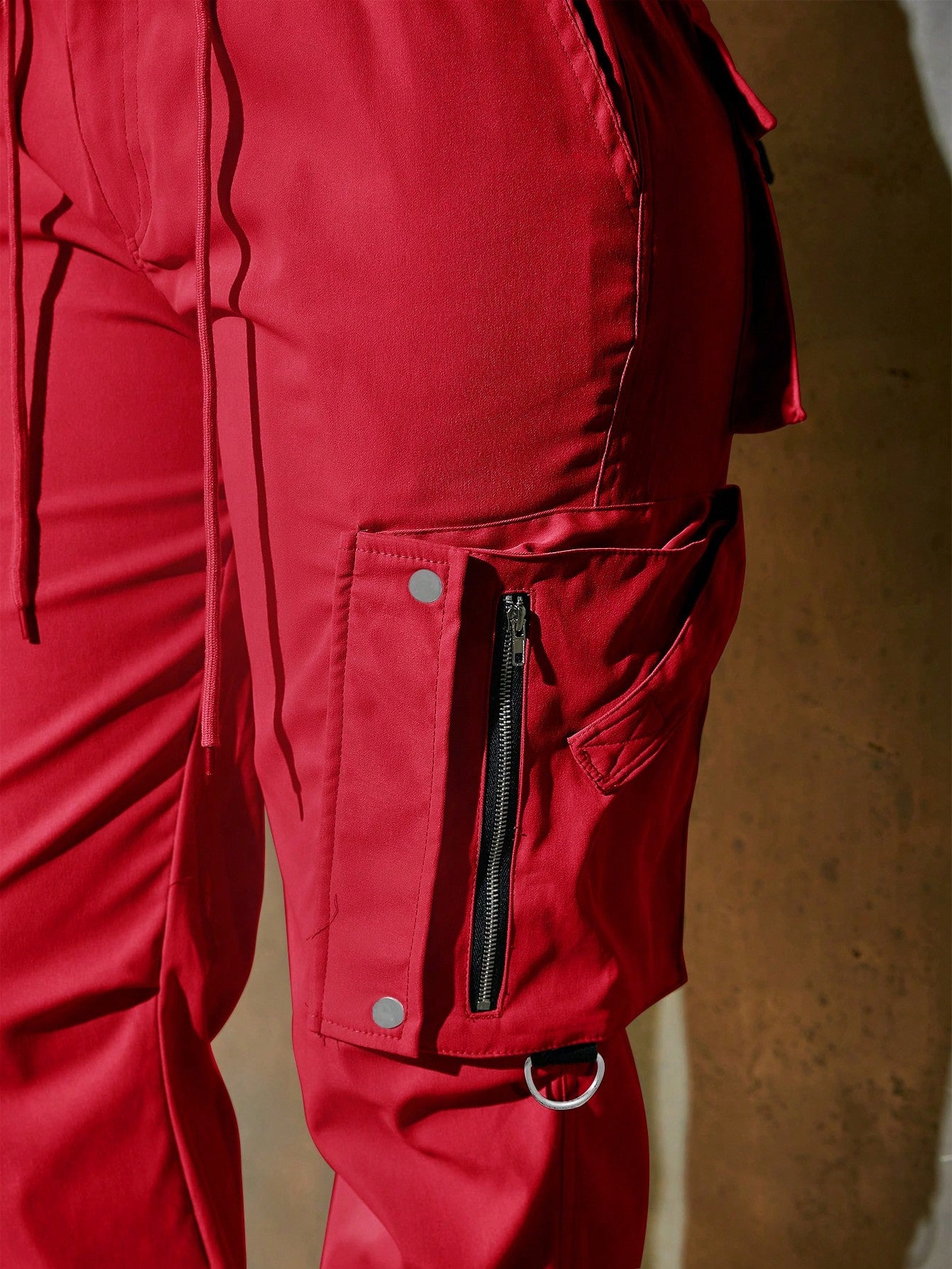 Women's Red High Waist Cargo Pants Multi-Pocket Zip Detail Joggers Wholesale