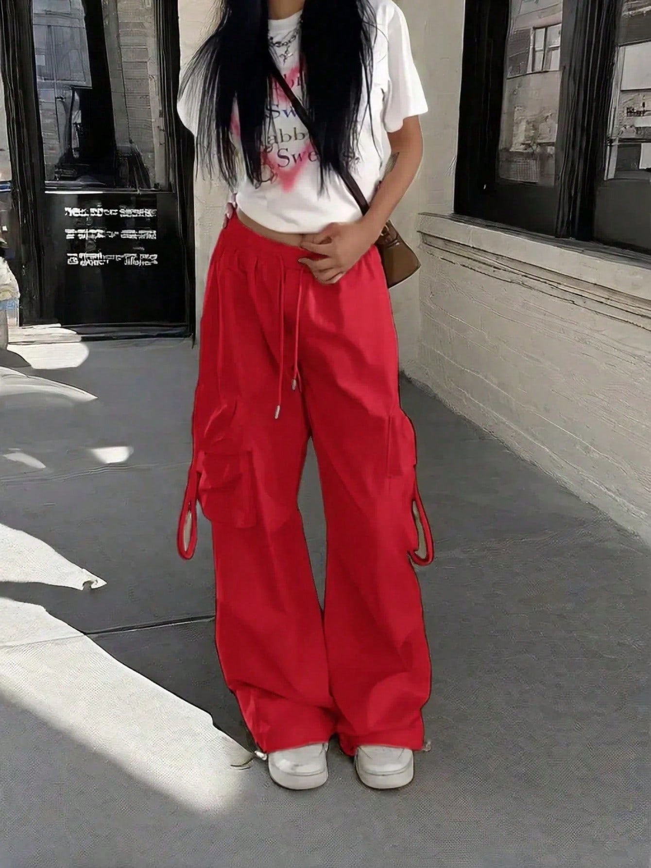 Women's Red Cotton Full-length cargo pants with cargo pockets