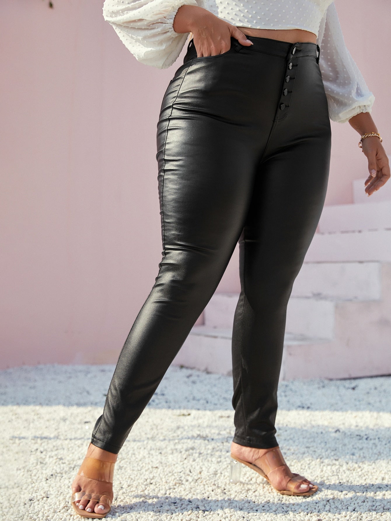 Women's Plus Size Women's Black High Waist Skinny Faux Leather Pants with Buttons