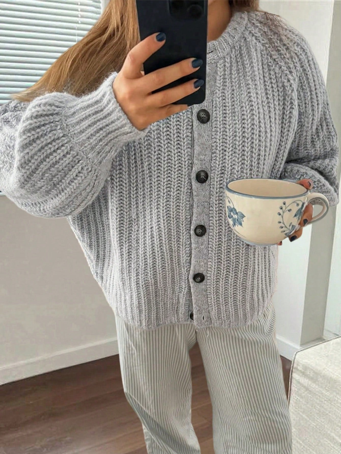 Women's Grey Striped Knit Cardigan, Oversized Button-Down Casual Sweater Cardigan with Drop Shoulder Design