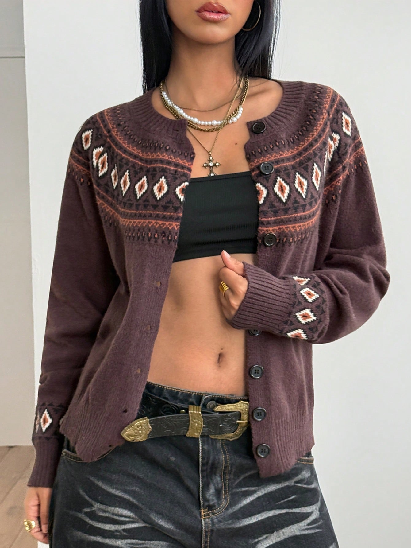 Women's Dark Brown Fair Isle Button-Up Cardigan Sweater