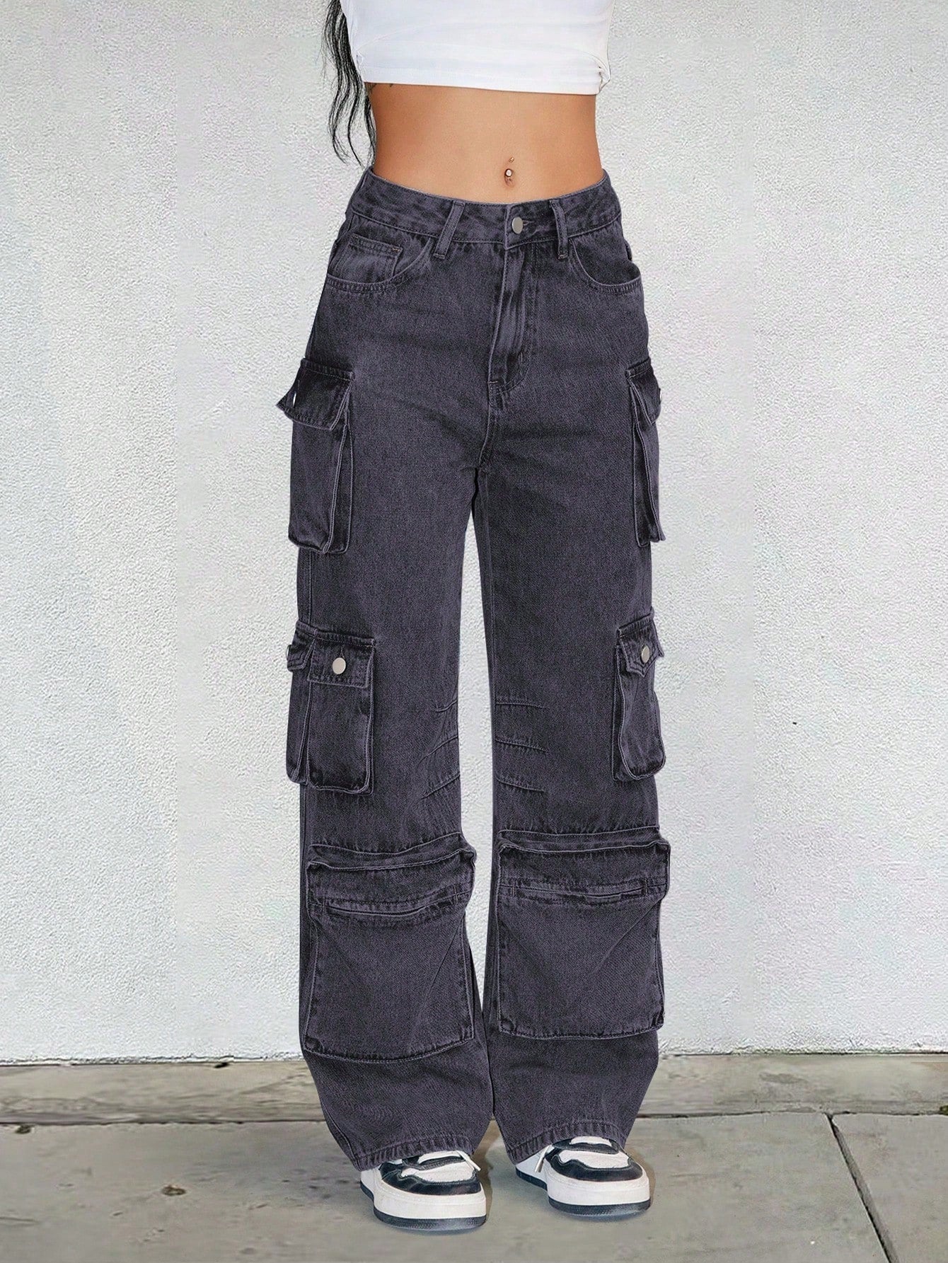 Women's Smoke Black Denim Full-length wide-leg jeans with wide-leg