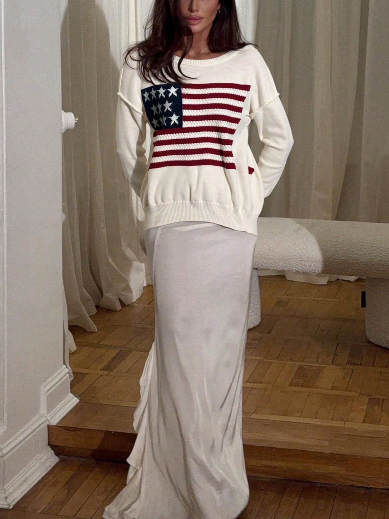 Women's American Flag Print Crew Neck Sweatshirt - Casual Long Sleeve Pullover