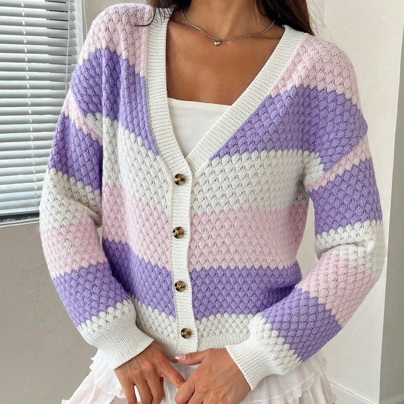 Women's Sweet Pink and Purple Striped Bubble Knit Cardigan Sweater
