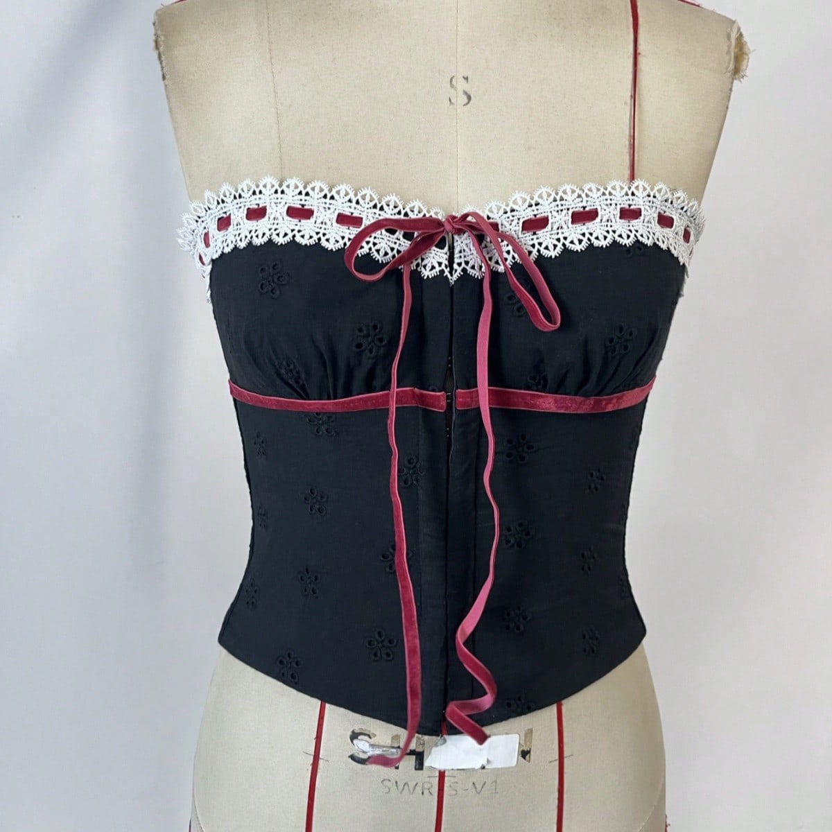 Women's Lace-Up Bustier Corset Top with Contrast Lace and Ribbon