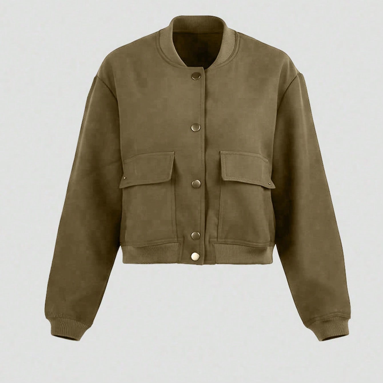 Women's Solid Army Green Button-Front Bomber Jacket