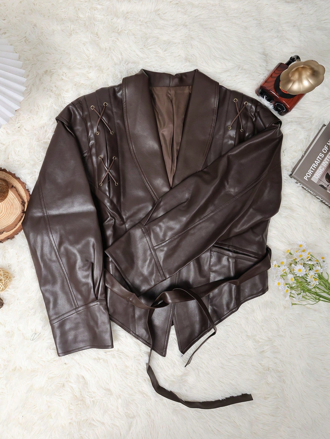 Women's Sleek Brown PU Leather Moto Jacket with Lace-Up Shoulder Detail