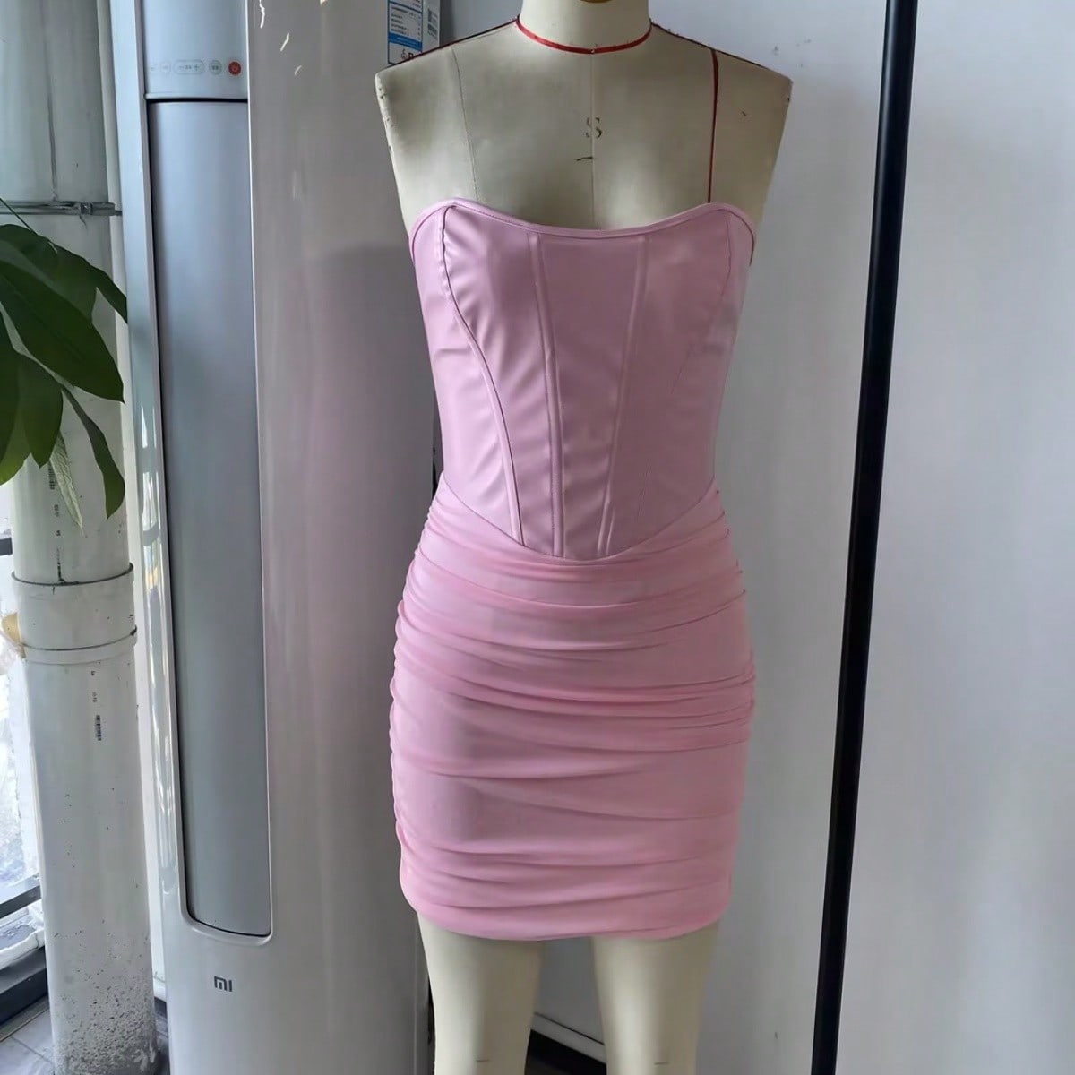 Women's Apperloth Pink PU Leather Ruched Bodycon Corset Mini Dress Sexy Party Wear