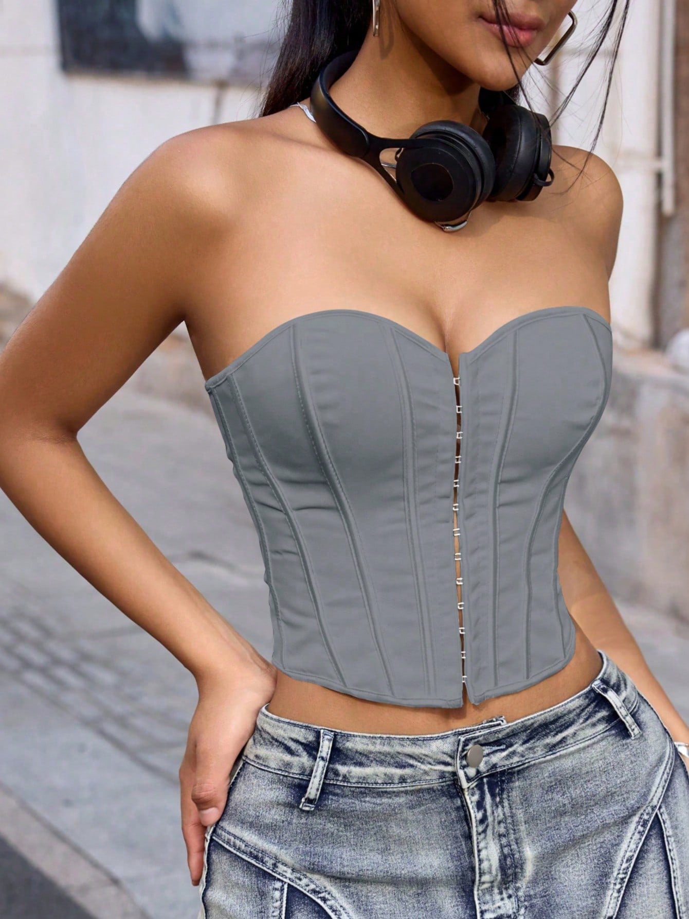 Women's Grey Check Plaid Strapless Corset Bustier