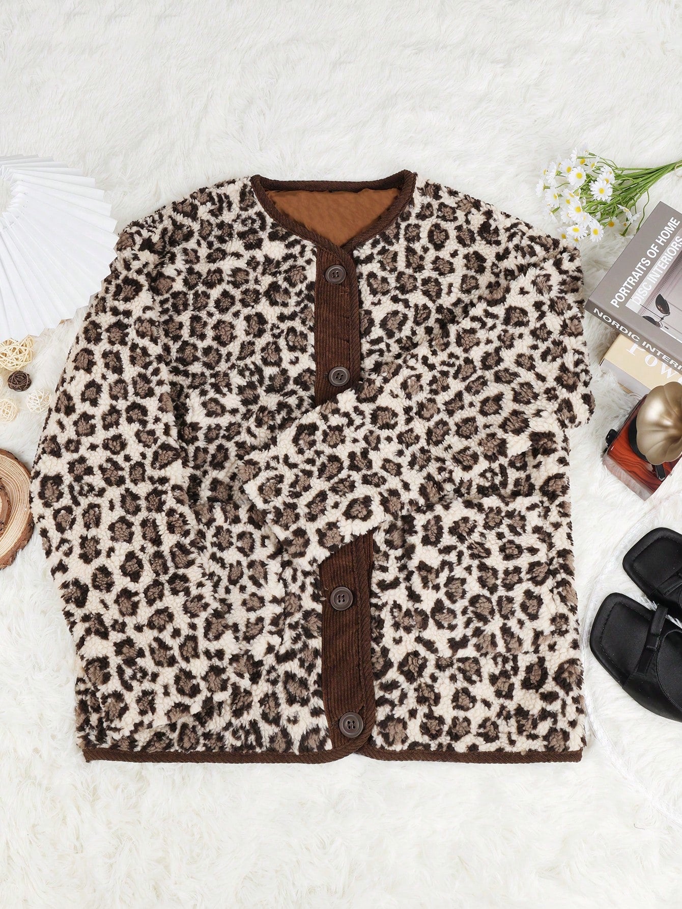 Women's Leopard Print Faux Fur Coat Button-Up Winter Cardigan Jacket