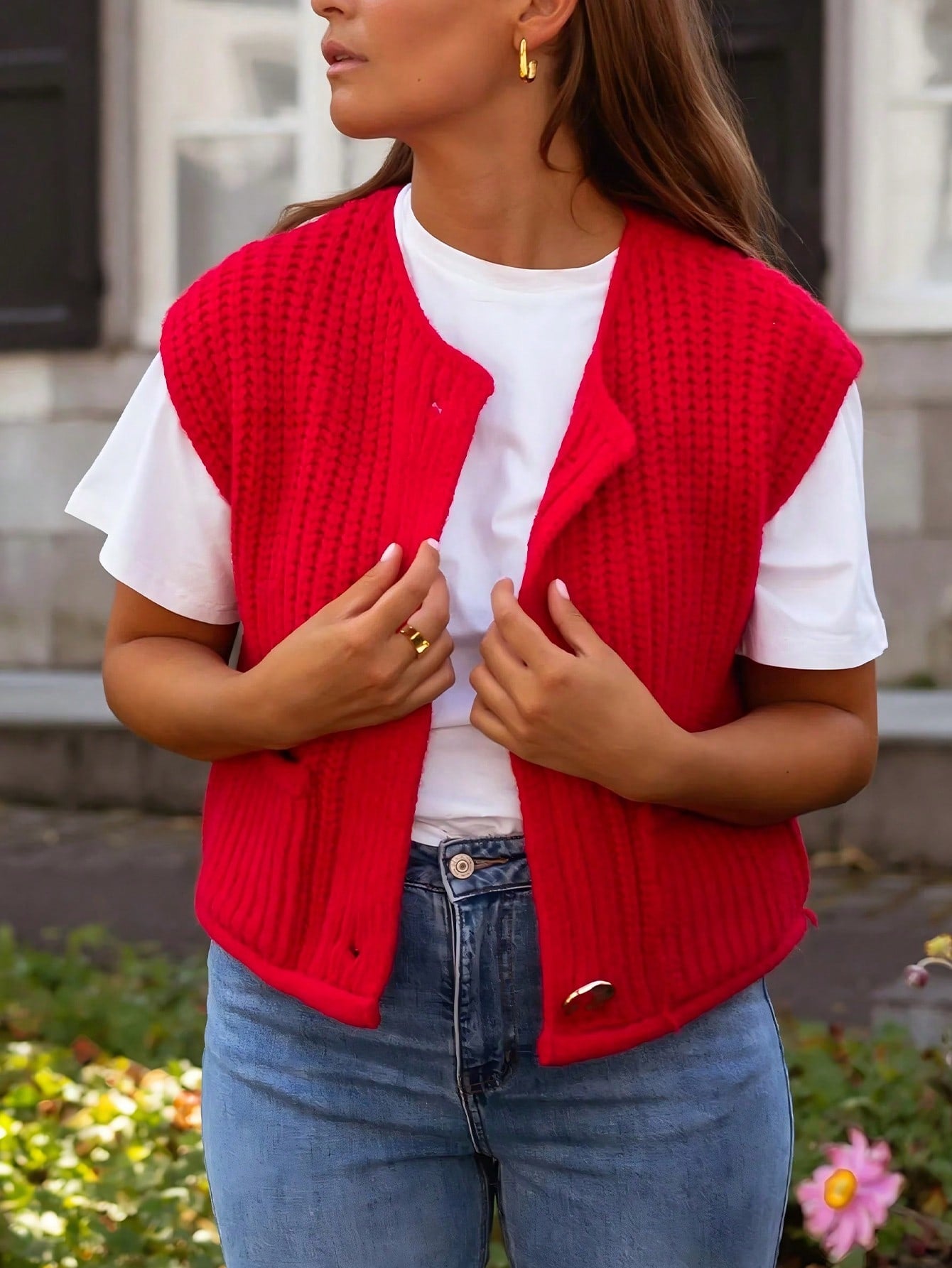 Women's Red Chunky Knit Vest with Gold Buttons