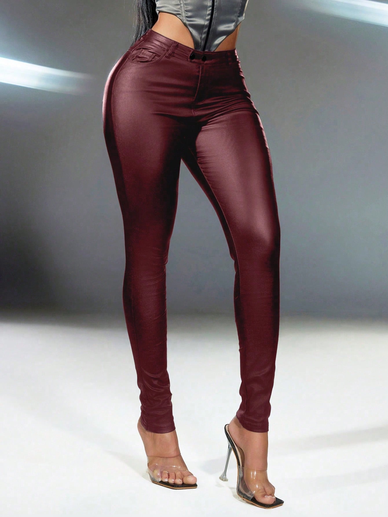 Women's Dark Red Cotton Blend High Waisted Cargo Pants with Buckle Detail