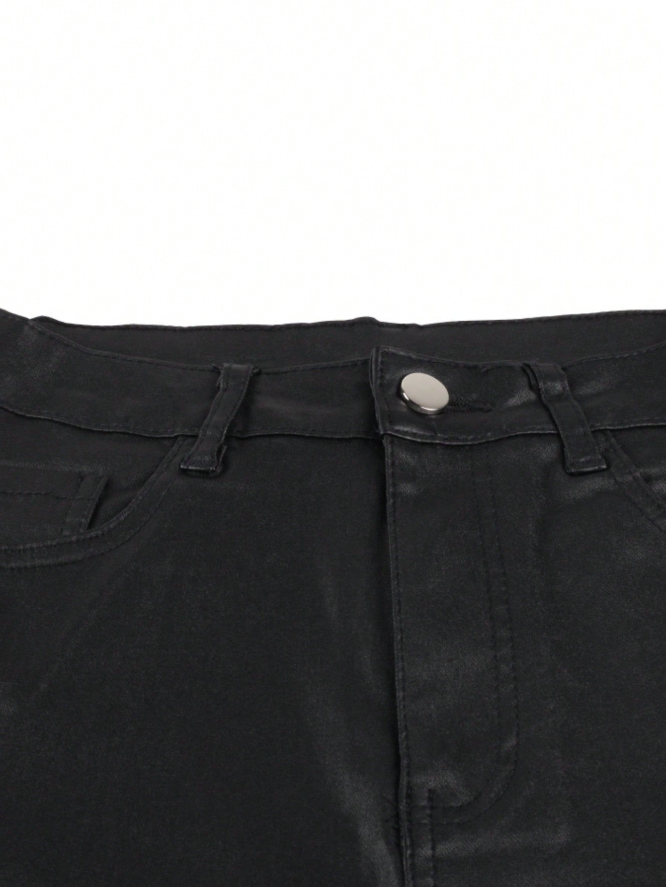 Black High Waist Coated Denim Knee Length Bermuda Shorts