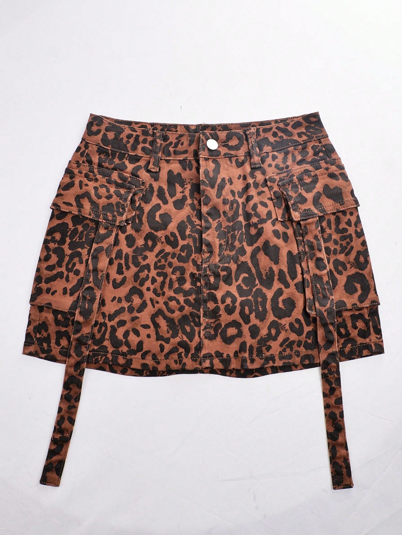 Women's Leopard Print Denim Mini Cargo Skirt with Tie Detail
