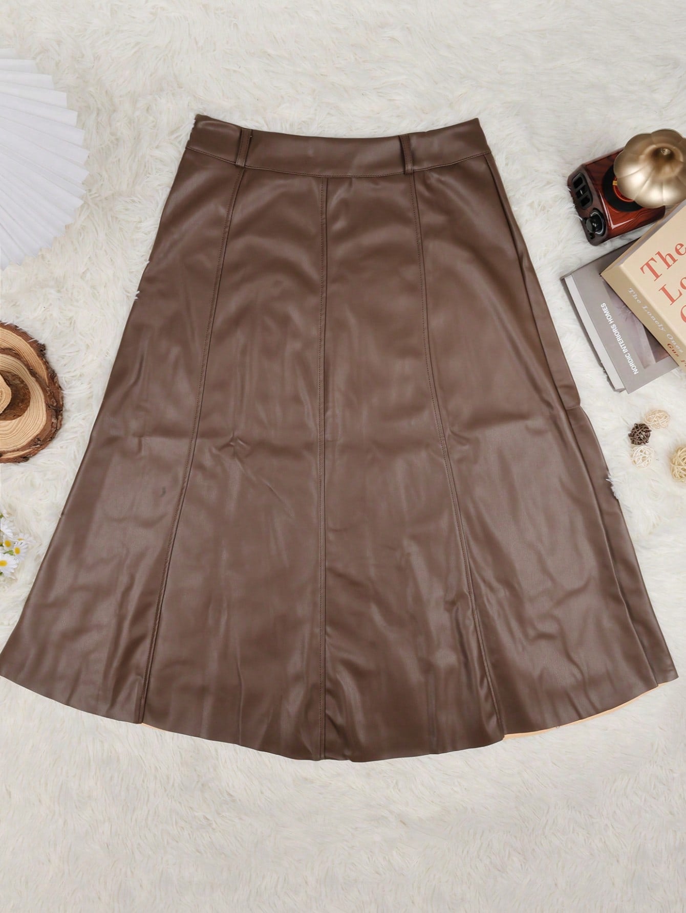 Women's Brown PU Leather A-Line Skirt High Waisted Midi Faux Leather Skirt