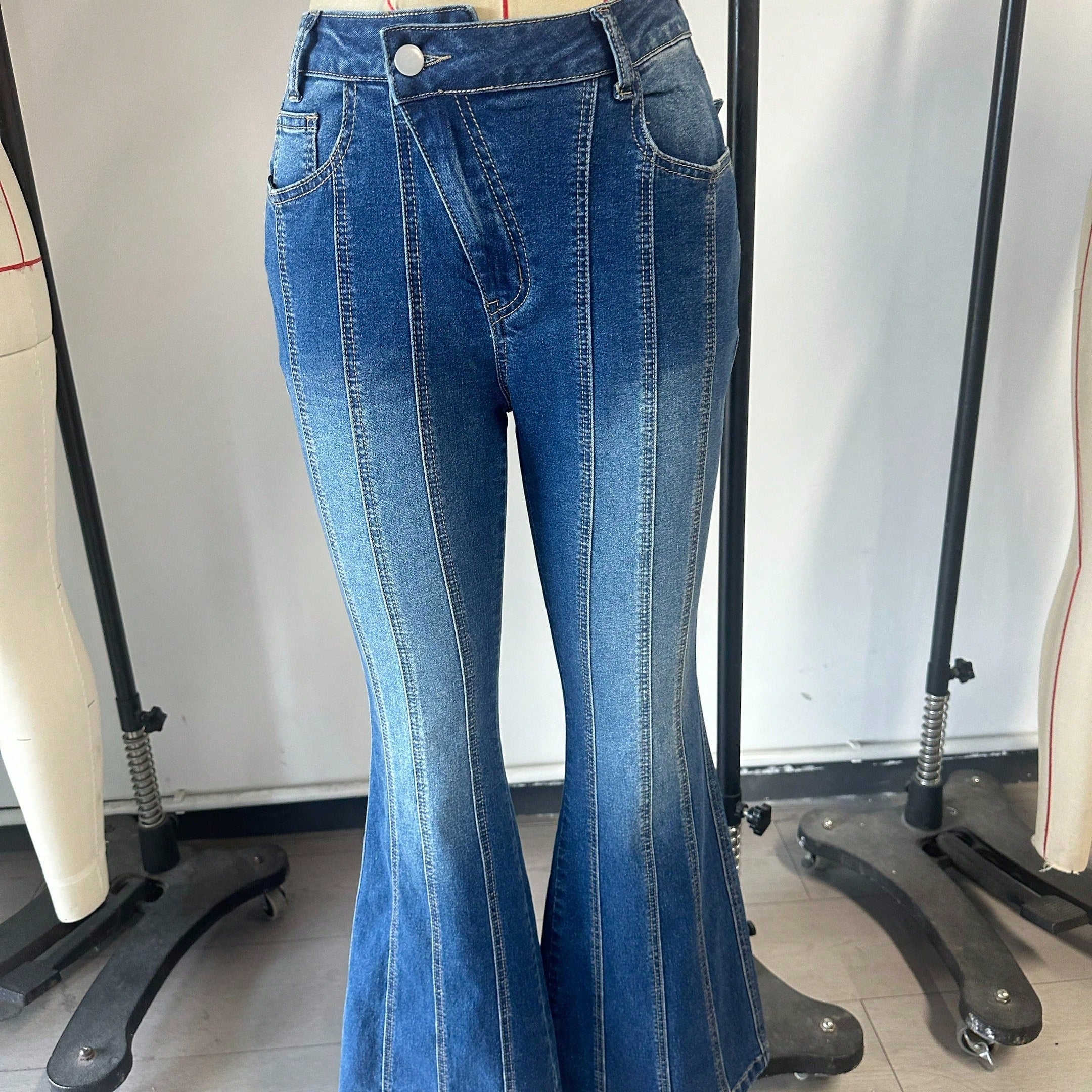 Women's Dark Blue High-Waist Flare Bell-Bottom Denim Jeans