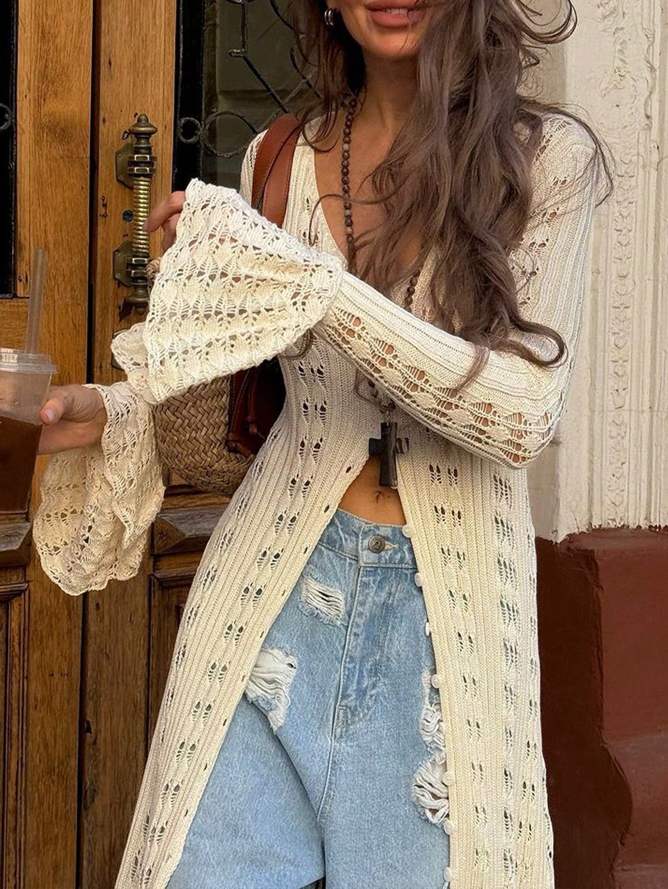 Women's Elegant White Pointelle Knit Maxi Cardigan with Ruffle Hem