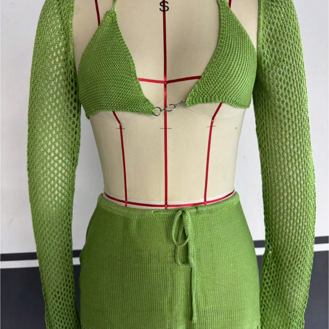 Women's Green Knit Two-Piece Set with Crop Top and Mini Skirt