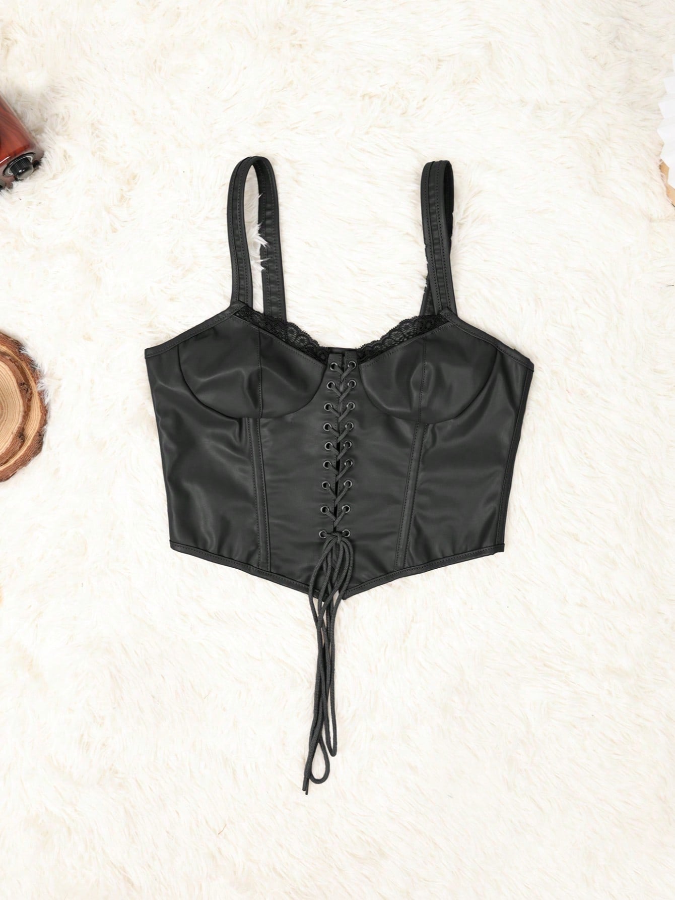 Sexy Black Vegan Leather Lace-Up Boned Corset Bustier Top