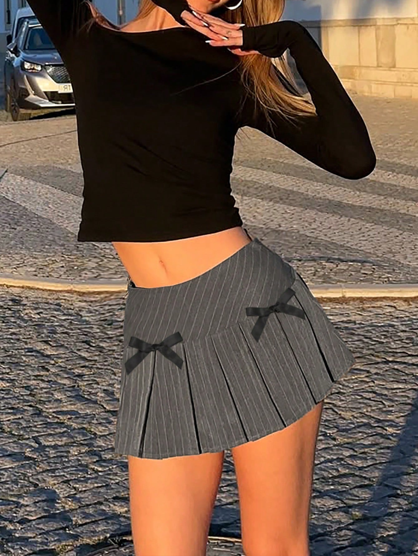 Women's Striped Bow Pleated Mini Skirt - High Waist A-Line Skirt, Preppy Style