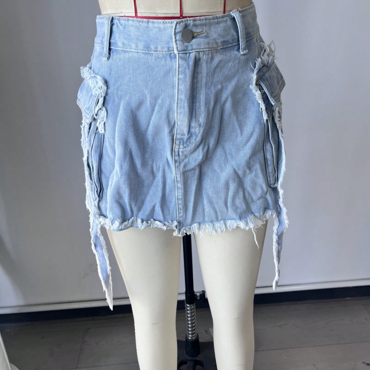 Women's Blue White Denim Mini Skirt with Front Slit