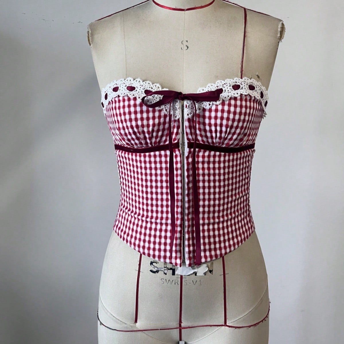 Women's Festive Red and White Gingham Corset Top with Lace Trim