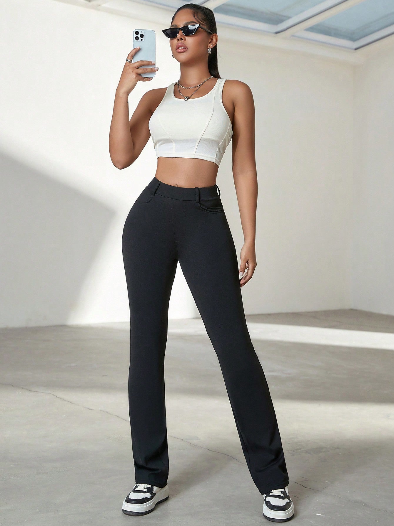 Women's Black High-Waisted Flare Yoga Pants with Bootcut Leg