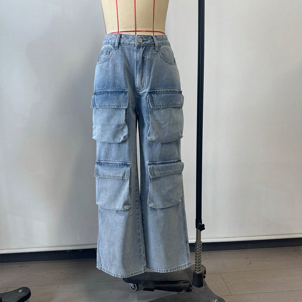 Women's Blue High-Waist Multi-Pocket Denim Cargo Pants