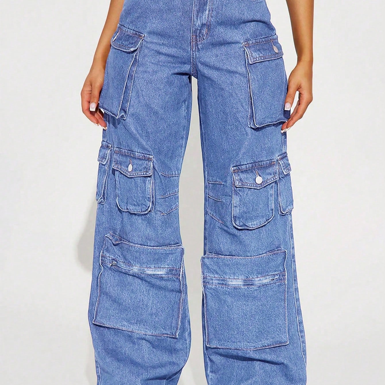 Women's Light Blue Denim Full-length wide-leg jeans with wide-leg