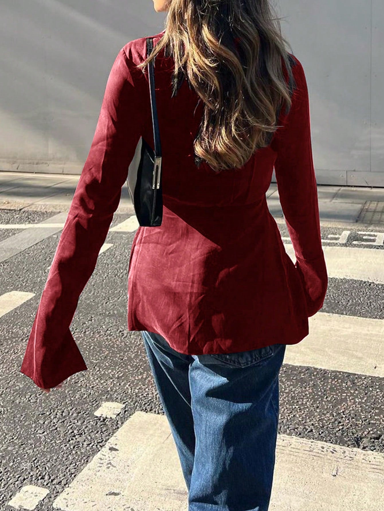 Women's Dark Red Satin Tie-Front Long Sleeve Top with V-Neck