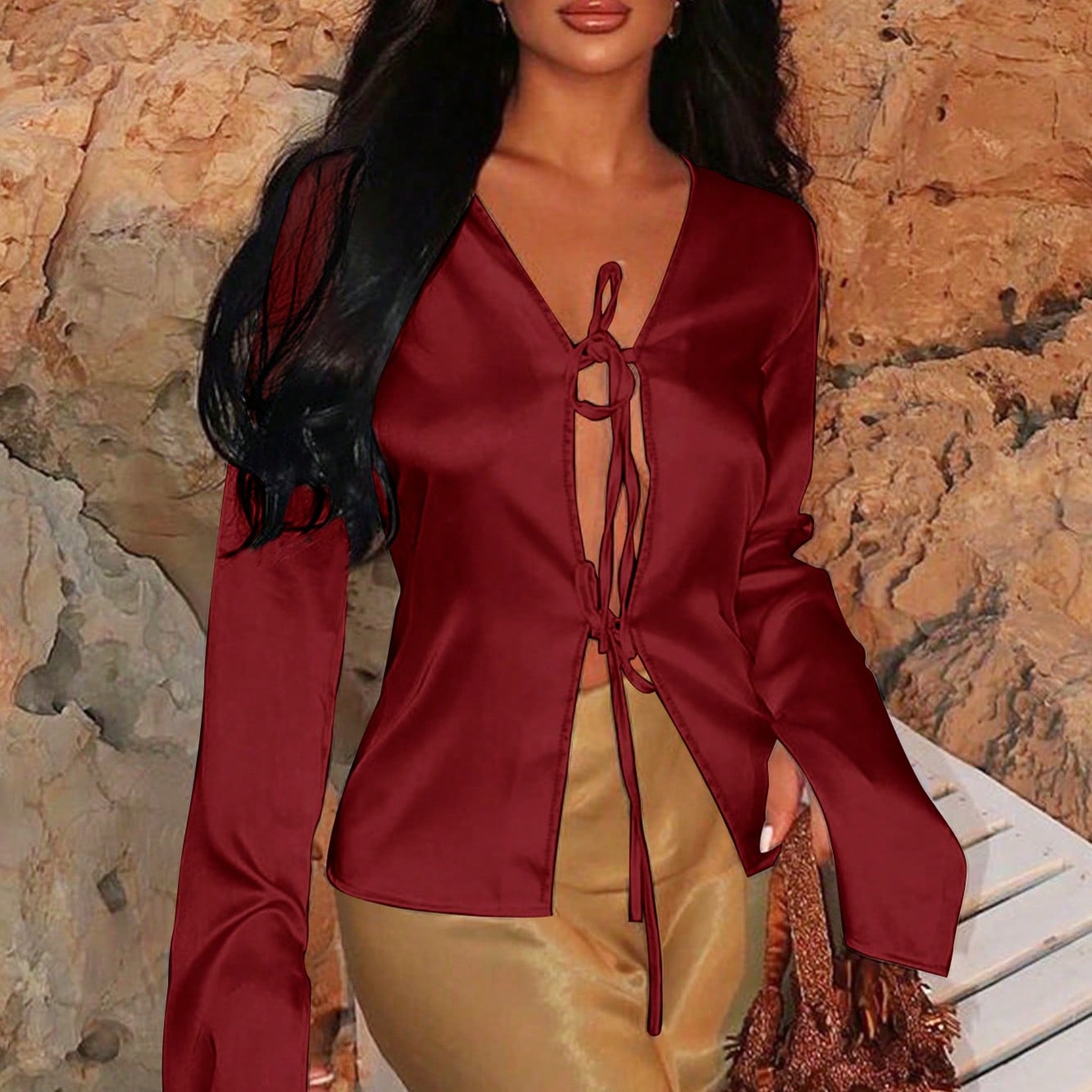 Women's Red Satin Tie-Front Long-Sleeve Blouse - Elegant Casual & Night-Out Dressy Top