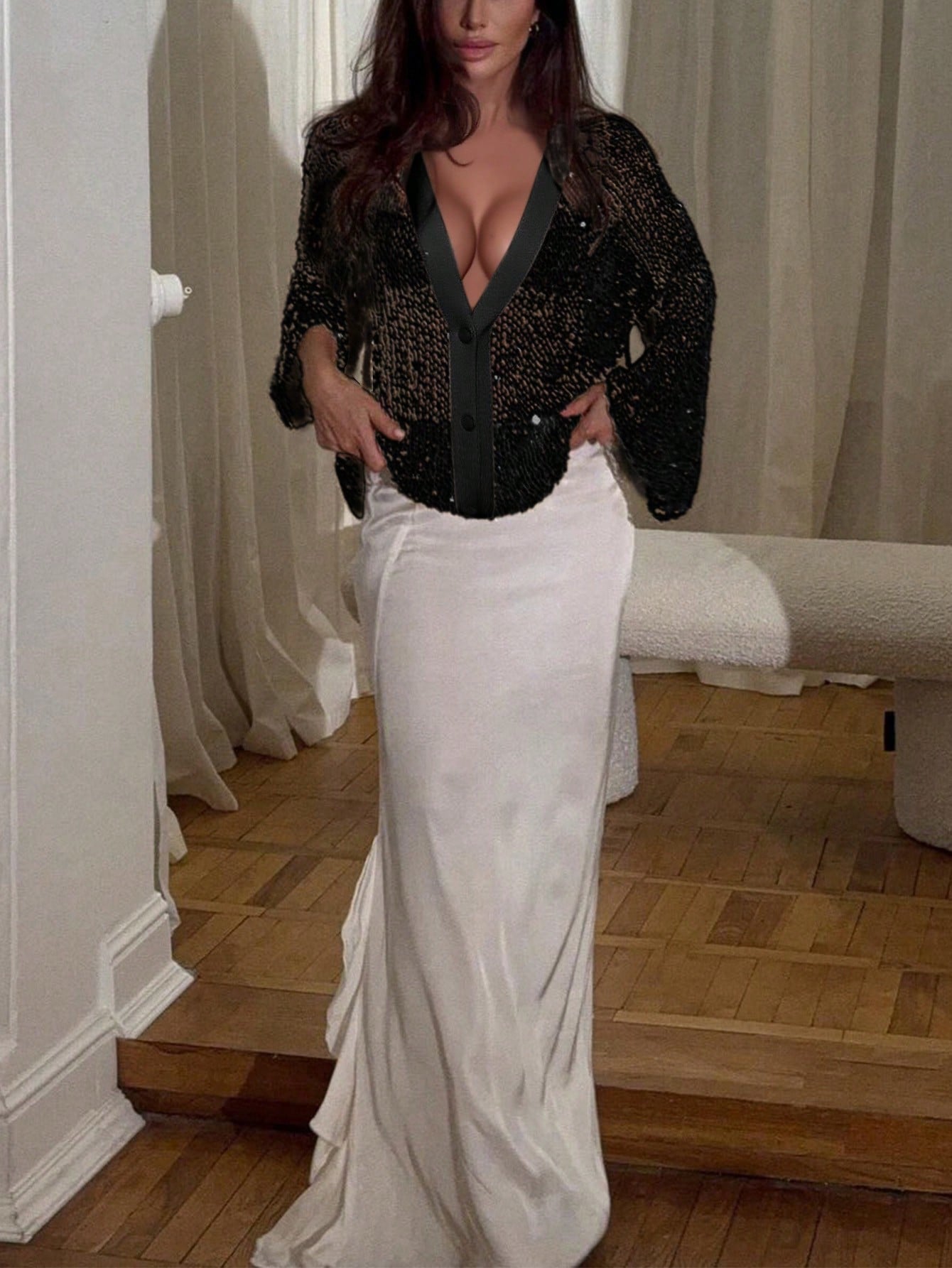 Women's Beaded Sparkle Open-Front Cardigan - Cream Trim Long-Sleeve Formal Cropped Cardigan