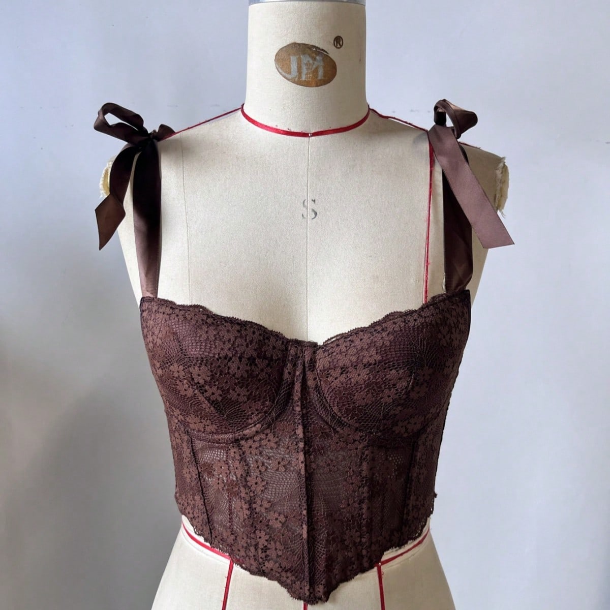 Women's Brown Sheer Floral Lace Ribbon Strap Bustier Top